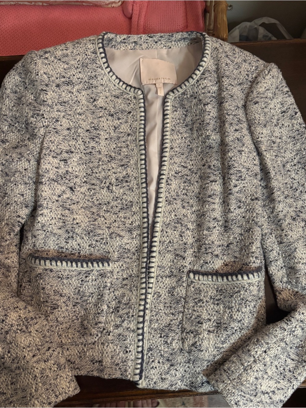 Rebecca Taylor Speckled Knit Tweed Jacket in White and Navy